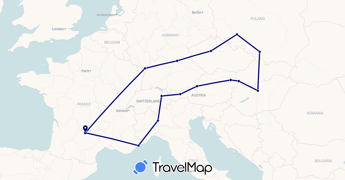 TravelMap itinerary: driving in Austria, Czech Republic, Germany, France, Hungary, Italy, Liechtenstein, Poland, Slovakia (Europe)